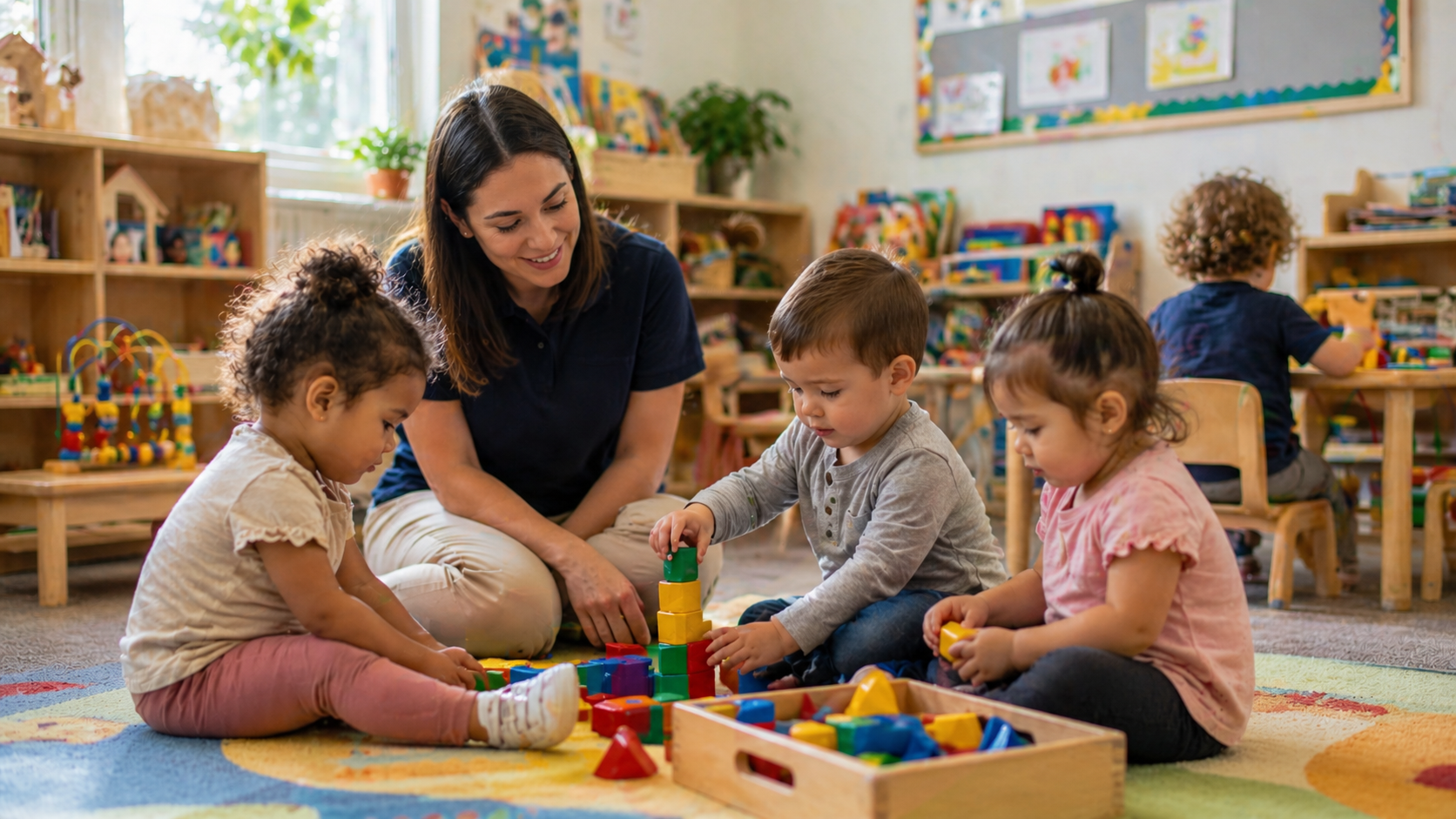 toddler daycare Roswell GA children playing with blocks in classroom with teacher supporting early learning activities