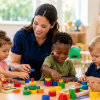 affordable daycare in Roswell GA toddlers playing with educational toys in classroom with teacher supporting early learning