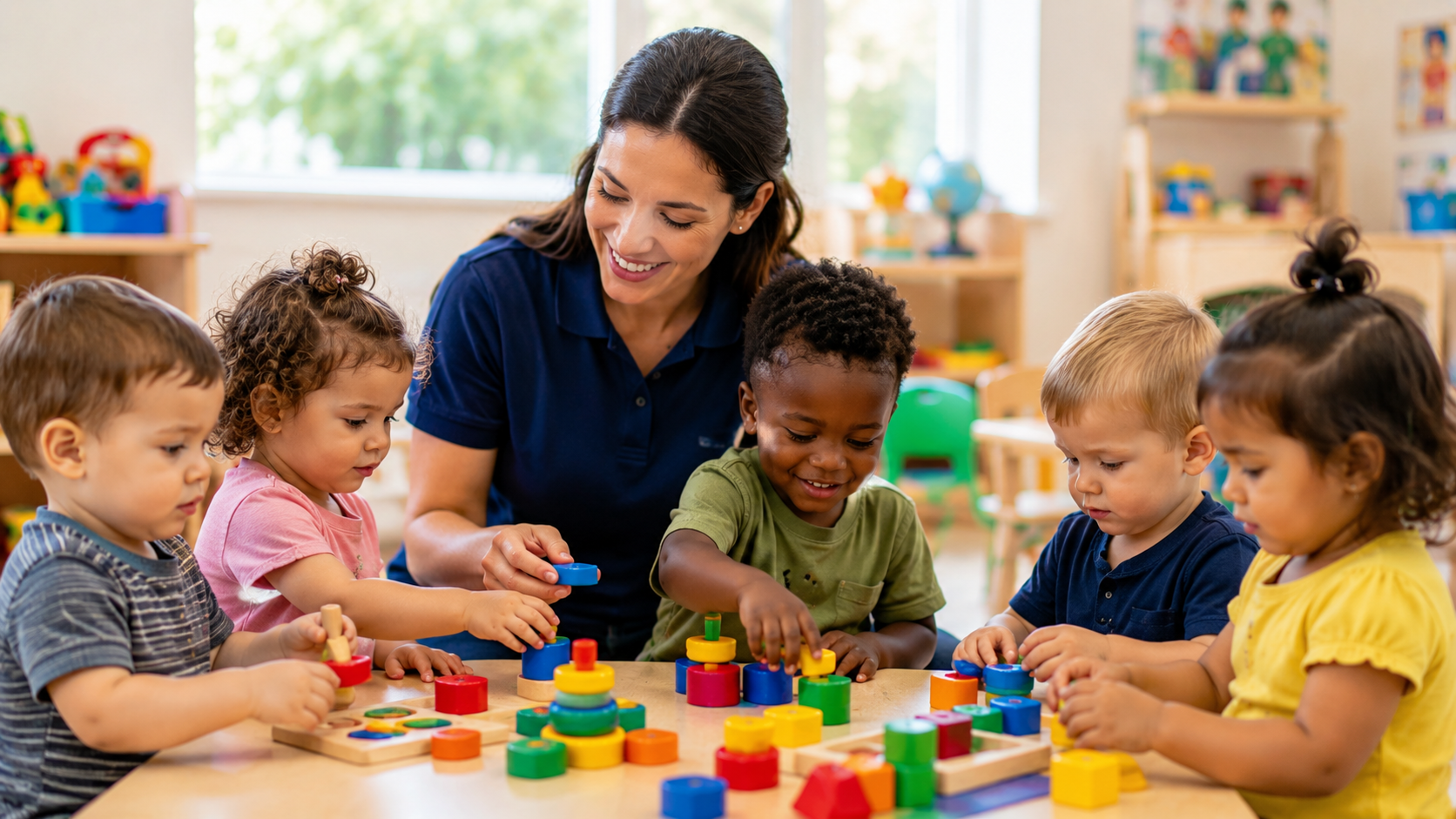 affordable daycare in Roswell GA toddlers playing with educational toys in classroom with teacher supporting early learning